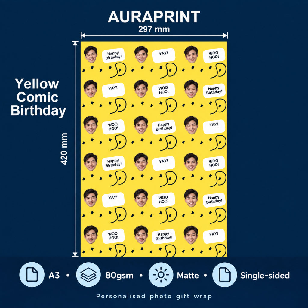 Yellow Comic Birthday - Auraprint personalised gift wrap