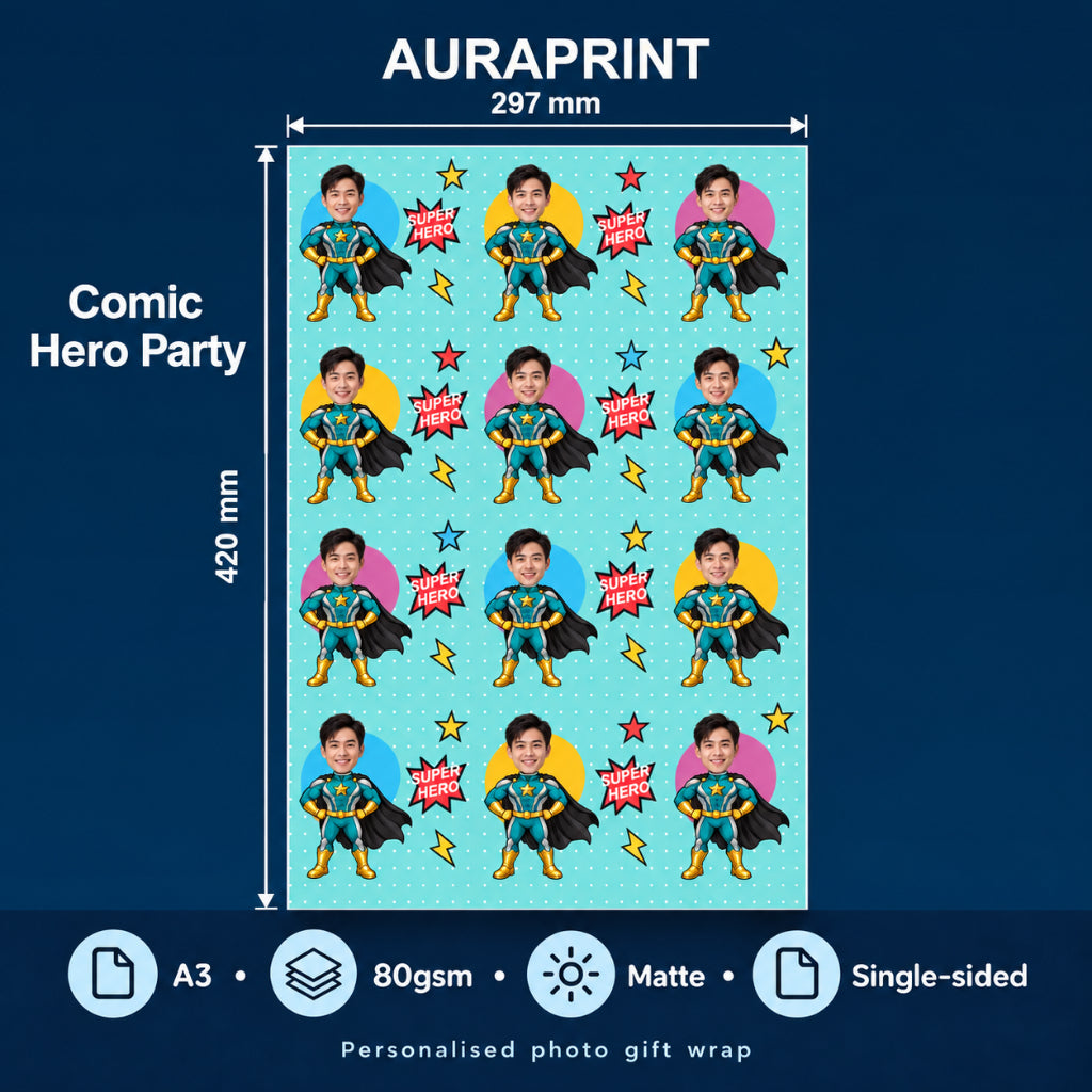 Comic Hero Party - Auraprint personalised gift wrap